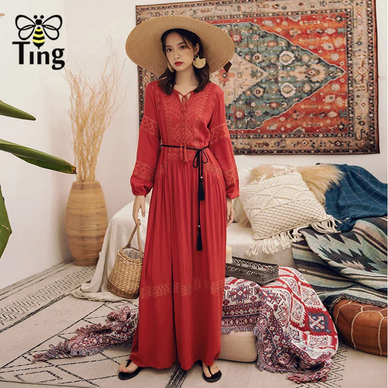 Tingfly высокое качество богемное Красное Длинное Платье макси с вышивкой винтажное
