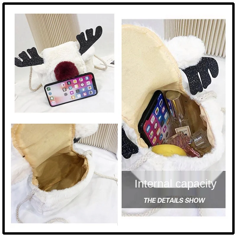 

WomenWinter New Online Celebrity Celebrity Inspired All-match Cute Christmas Elk Plush One-Shoulder Bag Crossbody Bags for Women