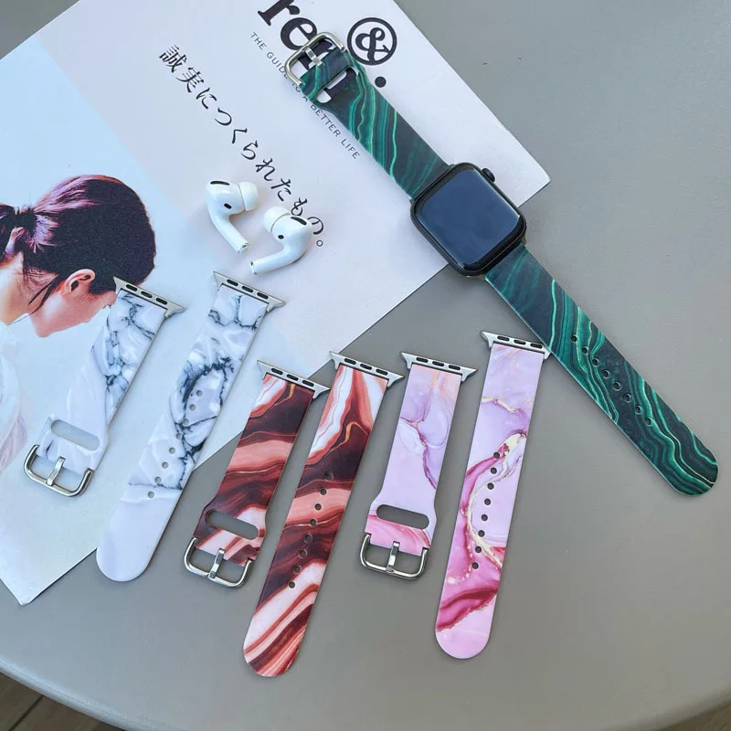 Силиконовый ремешок с принтом для Apple Watch band 44 мм 40 браслет Iwatch 38 42 6 SE 5 4 3|Ремешки