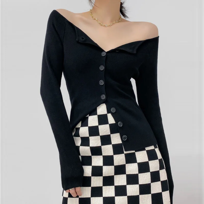 

Женский трикотажный кардиган с открытыми плечами, однотонный облегающий Кардиган с длинным рукавом, Осень-зима 2021