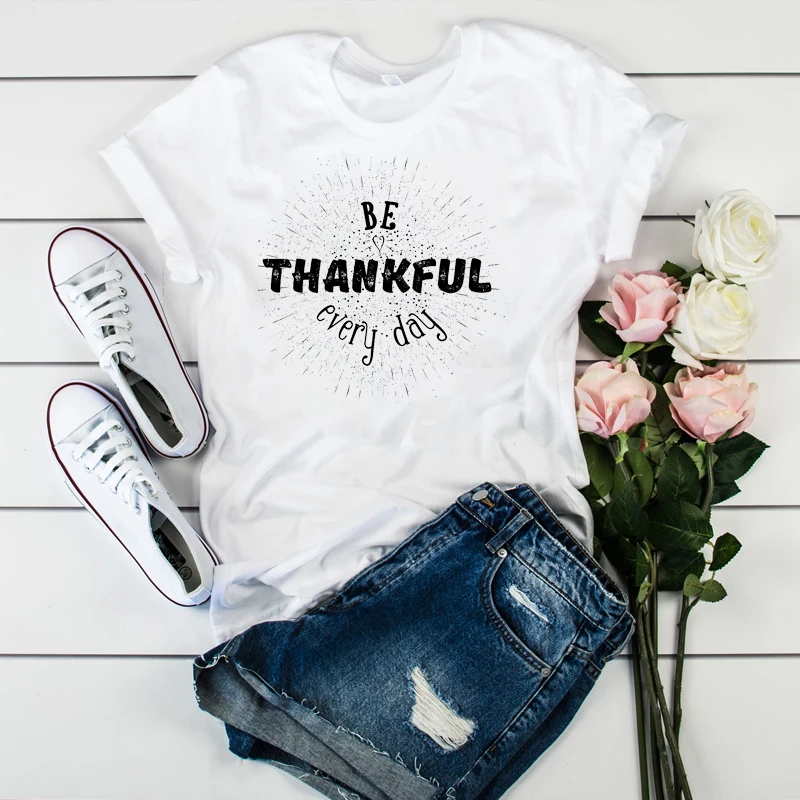 

Women Lady T Shirt Thankful Blessed Printed Tshirt Ladies Short Sleeve Loose Tee Shirt Women Female Tops Clothes Graphic T-shirt
