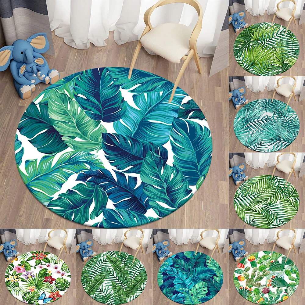Round Carpets for Living Room Green Tropical Printed Parlor Bedroom Children Carpet Rugs Toilet Bath Decorate Non-slip Door Mat