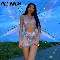 allneon aesthetics glitter 2 piece co ord suits 2000s streetwear bandage halter tanks and bodycon mini skirts matching sets
