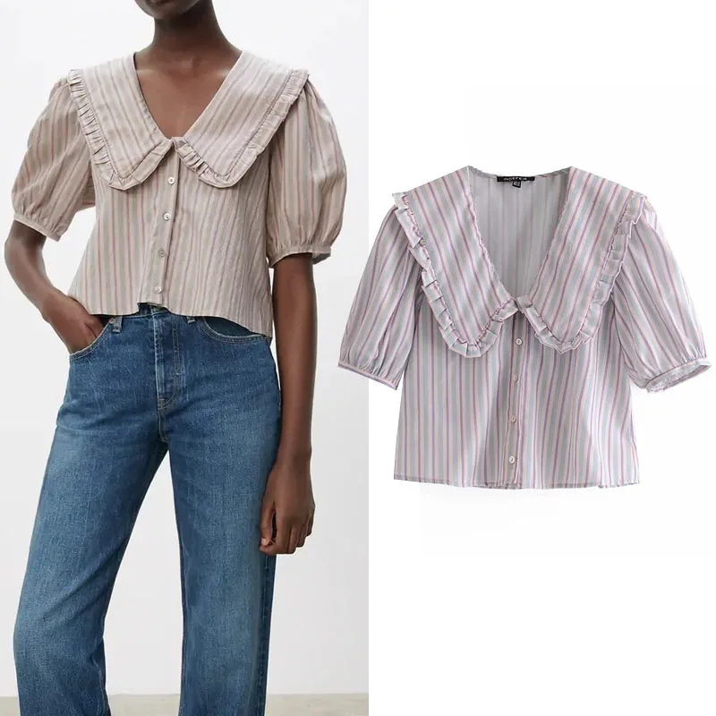 

Za 2021 Pink Striped Blouse Women Vintage Platter Collar Spring Button up Shirt Woman Fashion Short Puff Sleeve Blouses Tunics
