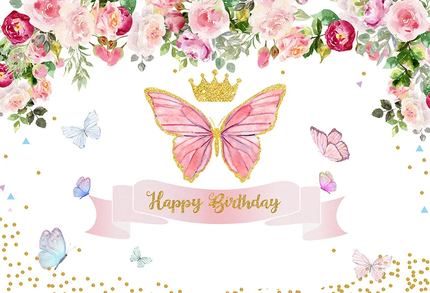 

Mehofond Photography Background Flowers Gold Crown Birthday Party Butterfly Children Photophone Backdrop Photocall Photo Studio