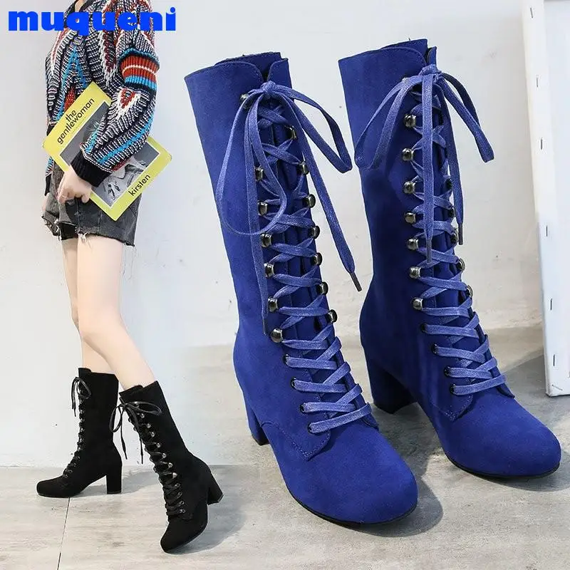 

MUQUENI Concise Casual New Women Knee-High Boots 2021 Autumn Winter Cow Suede Shoes Woman New Cross-Tied High Heels Long Boots