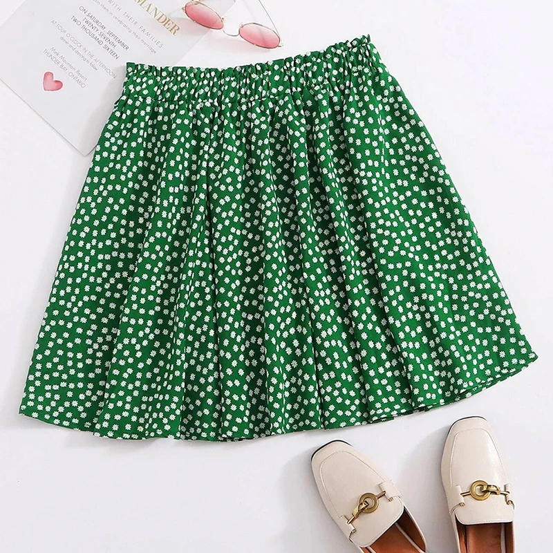 

Lofia Green Floral Pleated Skirt for Women Summer A Line Mini Boho Vintage Jupe Femme Ete Spodnice Damskie Rokken Falda Plisada