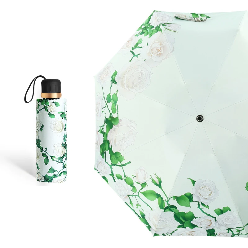 Women Elegant Flower Folding Umbrellas Black Coating Anti UV Parasol Women's Umbrella Girl Travel Rain Gear Compact Parapluie | Дом и сад