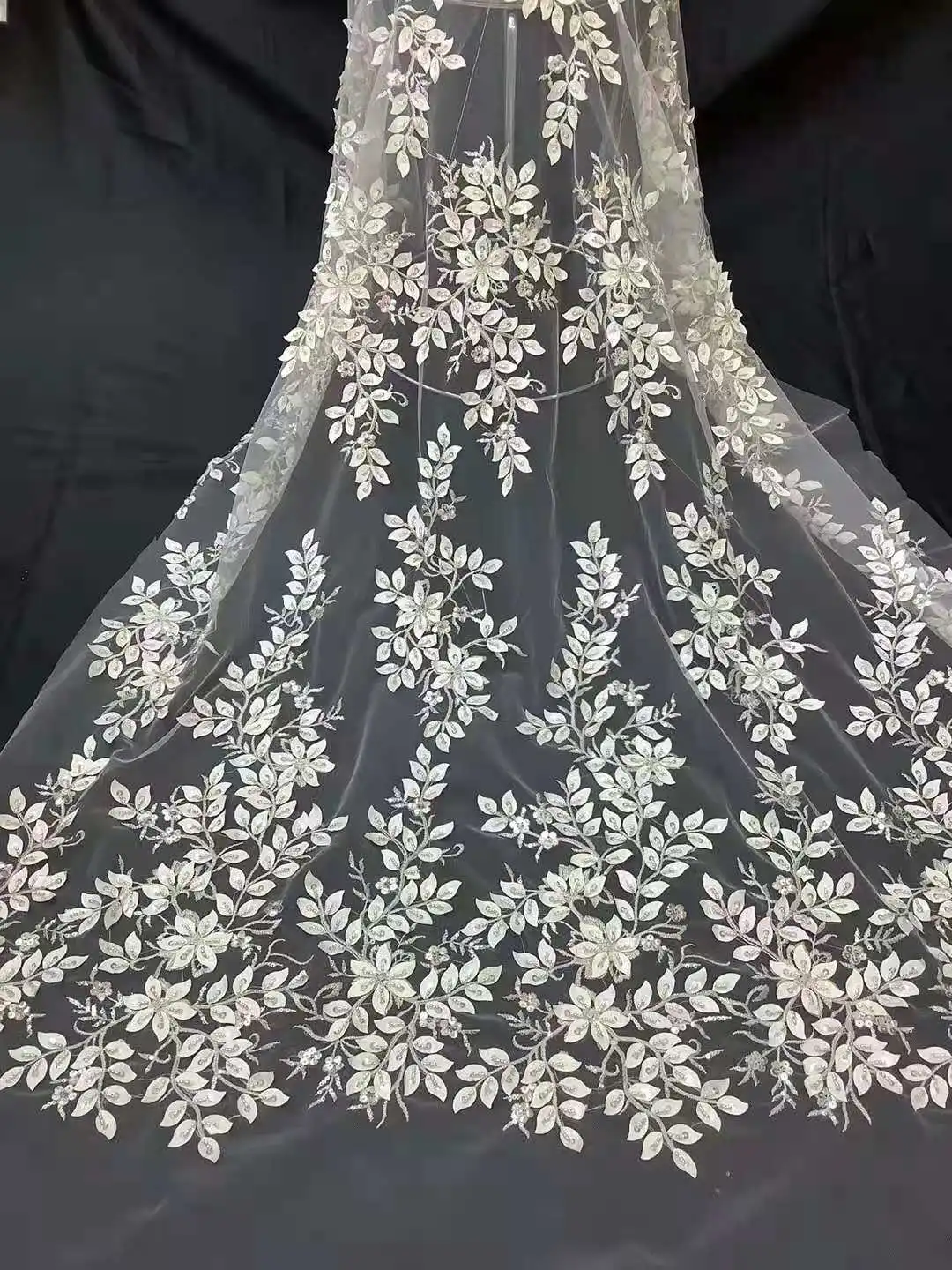 

Beautiful Wedding Dress Lace Fabric Sequin Embroidery 3D Leaves With Beads DIY Design Skirt Sewing Cloth 5 Yards Wholesale
