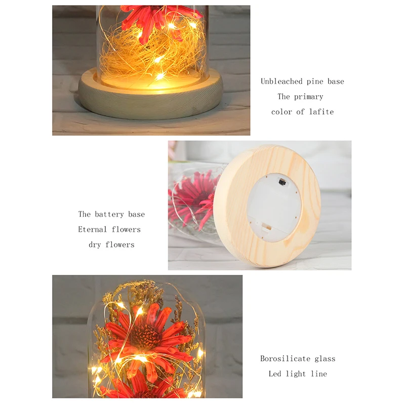 

Dried Flower in Glass Dome with Led Light Strip Decorative Artificial Flower Display Dome Light Ornament Gift for Lover LAD3