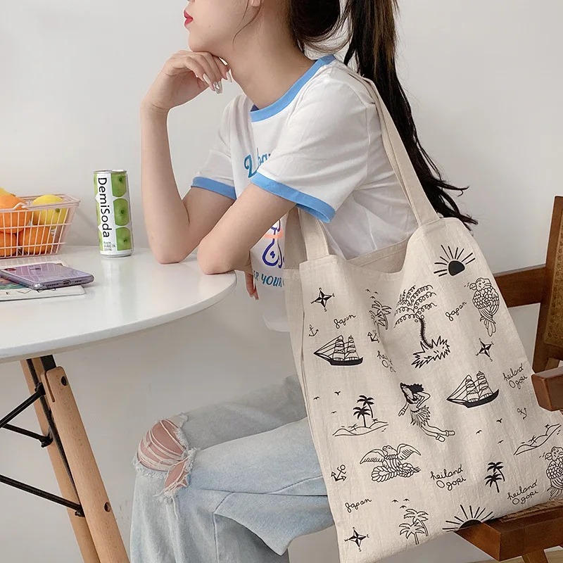 

Cotton Linen Women Canvas Shoulder Bags Eco Friendly Shopping Bag Large Capacity Vintage Handbag Tote Butterfly Sailing Print