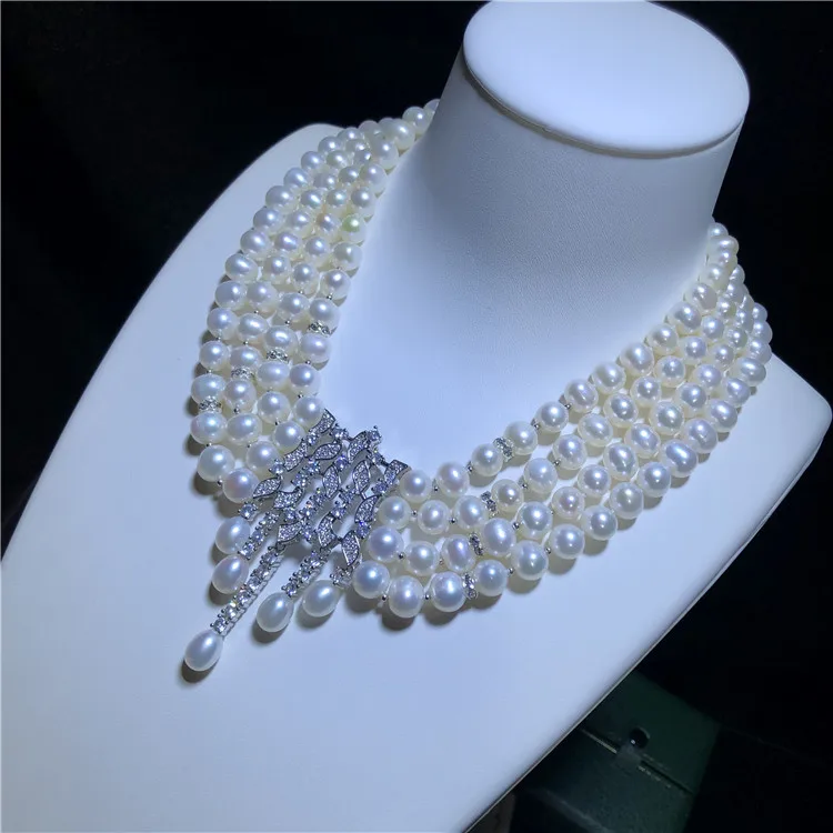 Ожерелье ручной работы с узлом 4 нити 7-8 мм белый пресноводный жемчуг инкрустация