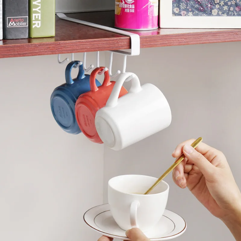 adhesive cup holder under cabinet 6 hook coffee cup hanger kitchen utensil hooks coffee cups holder helf hanging rack free global shipping