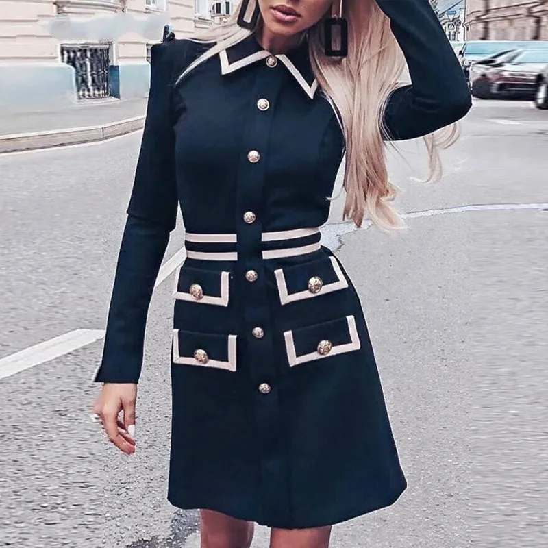 Дизайнерское платье блейзер с карманами и воротником на пуговицах|Женские