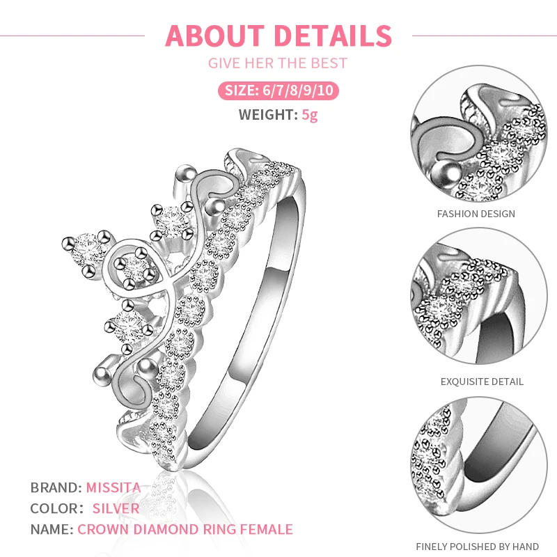 

MISSITA 100% 2019 New Fashion Classic Crown Rings For Women with Clear Crystal Gift Brand Jewelry Engagement anillos mujer