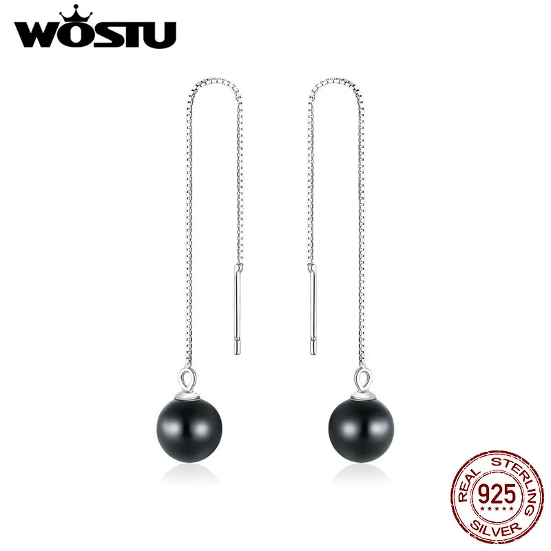 Женские серьги в форме капли WOSTU длинные из серебра 925 пробы с черным камнем