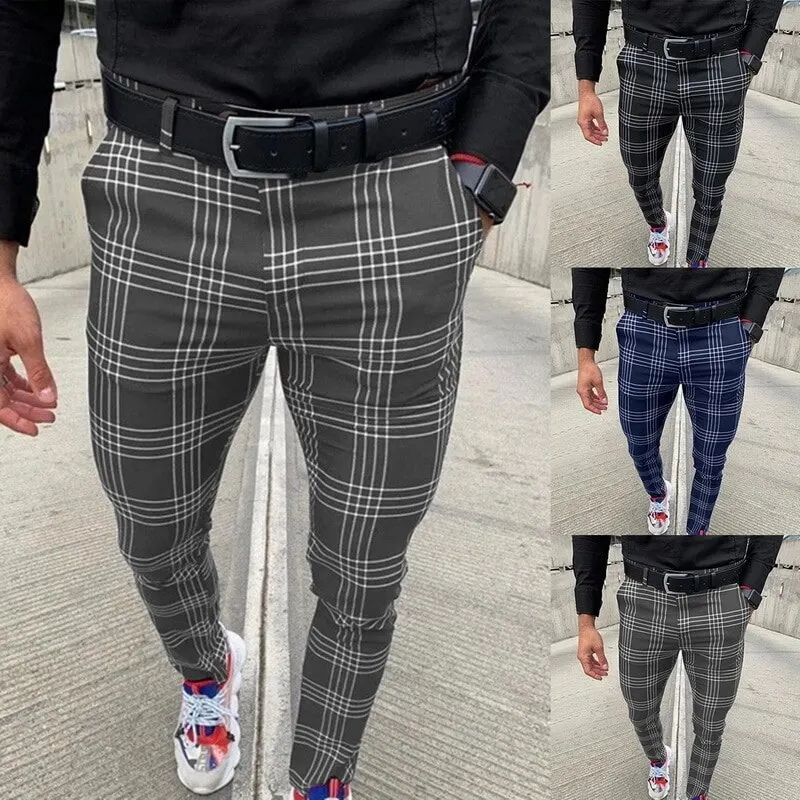 

Sexy High Wasit Spring Autumn Fashion Pocket Men Slim Fit Plaid Straight Leg Trousers Casual Pencil Joggers Casual Pants