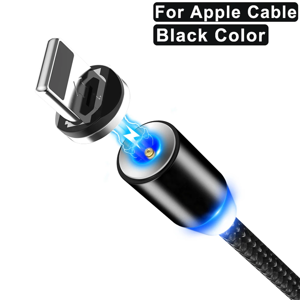 Black For iPhone Jetjoy 360 ° Вращающийся Круглый Сильный магнитный светодиодный кабель Micro USB type C для быстрой зарядки нейлоновый Плетеный зарядный кабель для Android iPhone huawei - Цвет: Black For iPhone