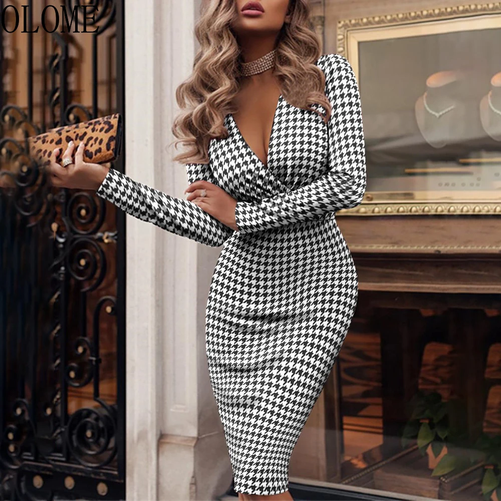 

OLOME Autumn Long Sleeve Bodycon Elegant Office Lady Dress Fashion Houndstooth Print Sexy V-neck Slim Pencil Dresses For Women