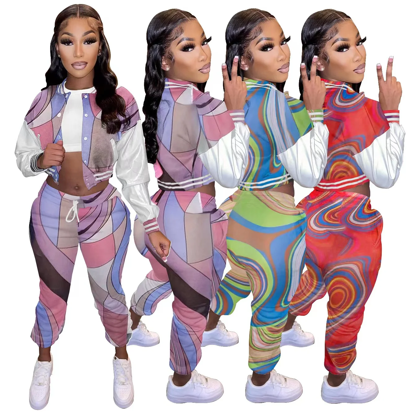 

Fashion Women Tracksuits Crop Top Two Piece Set Outfits Baseball Jacket Bodysuits Joggers Street Wear