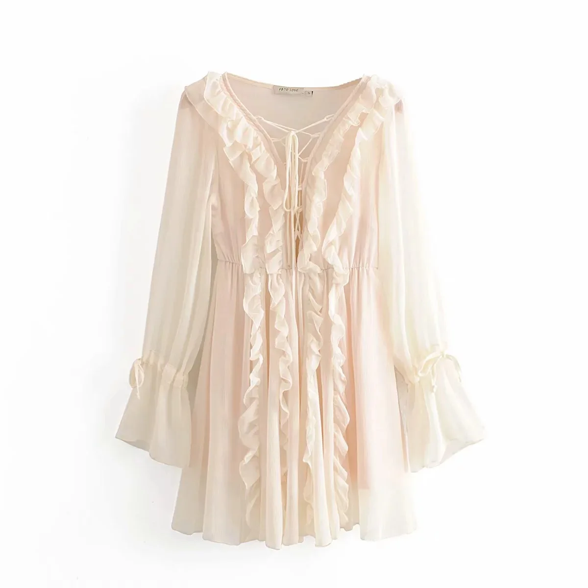 

Ruffles Dresses Women 2021 Fashion Chic Fashion With Drawstring Vintage V Neck Long Sleeve Female Skirt Vestidos Mujer