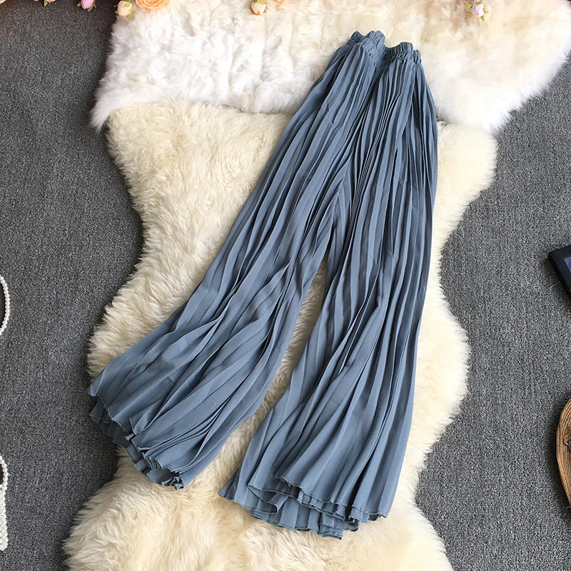 

Женские длинные широкие брюки до щиколотки, Летние повседневные однотонные женские плиссированные брюки с высокой талией, модель Y44, 2022