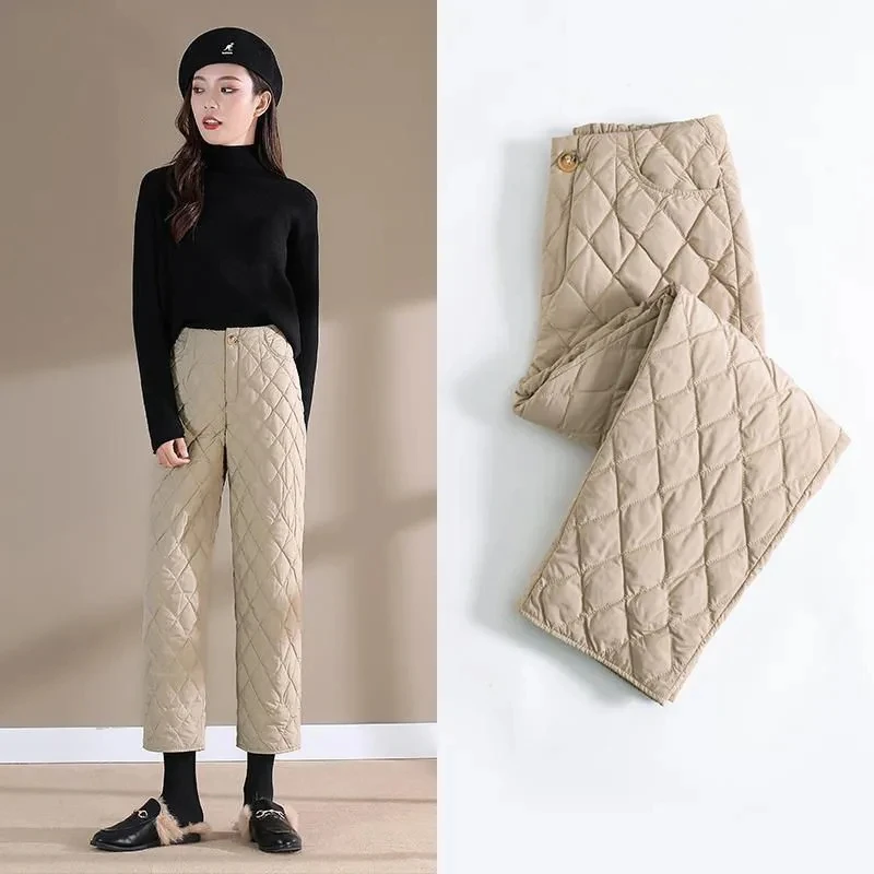 

Light down pants trousers for women winter new plush clothes thickened high waist warm straight cotton pants P3 435