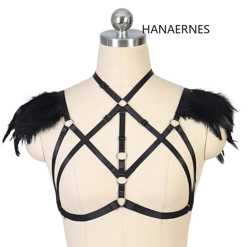 

Women Body Harness Cage Cupless Bra Lingerie Erotic Bondage Club Dancer Crop Tops Pastel Goth Clothes Garter feather Clothes