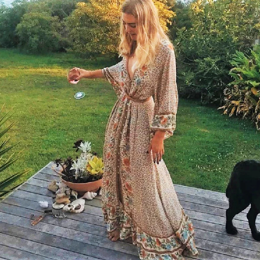 TEELYNN Gypsy Макси женские платья цвета хаки из вискозы с цветочным принтом летние платья сексуальное с v-образным вырезом с регулируемым поясом бохо платье vestidos