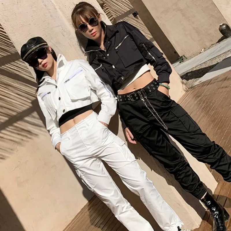

2021 New Hip Hop Jack Zipper Pockets Streetwear Slim Double Layer Zipper Short Hight Waist Military Fashion Women Outwear