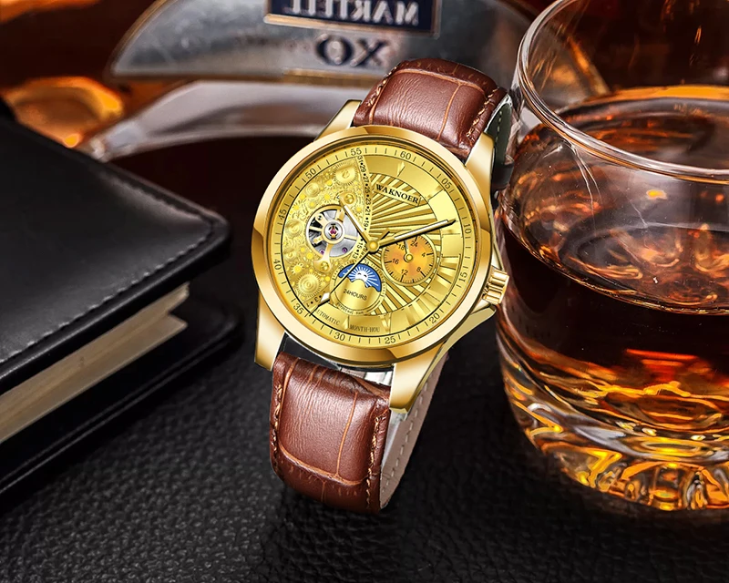 

Mes's Automatic Mechanical Leather Watches Men 2019 Top Brand Watch Roman Numerals Business Clock Men Relogio Masculino Saat