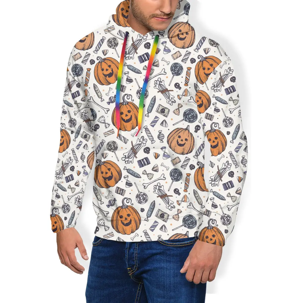 

Halloween Pumpkin Bone Candy Hoodie Funny Stylish Long Length Polyester Hoodies Men Autumn Outdoor Pullover Hoodie XL