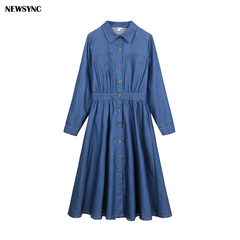 NEWSYNC Denim Dress Summer Spring Plus Over Size 2020 New Office lady Blue color Collect Waist Long Sleeve Female Party | Женская одежда