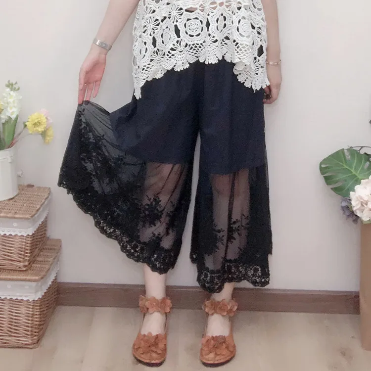 Японские Леггинсы в стиле ретро из чистого хлопка с кружевной вышивкой Mori Girl