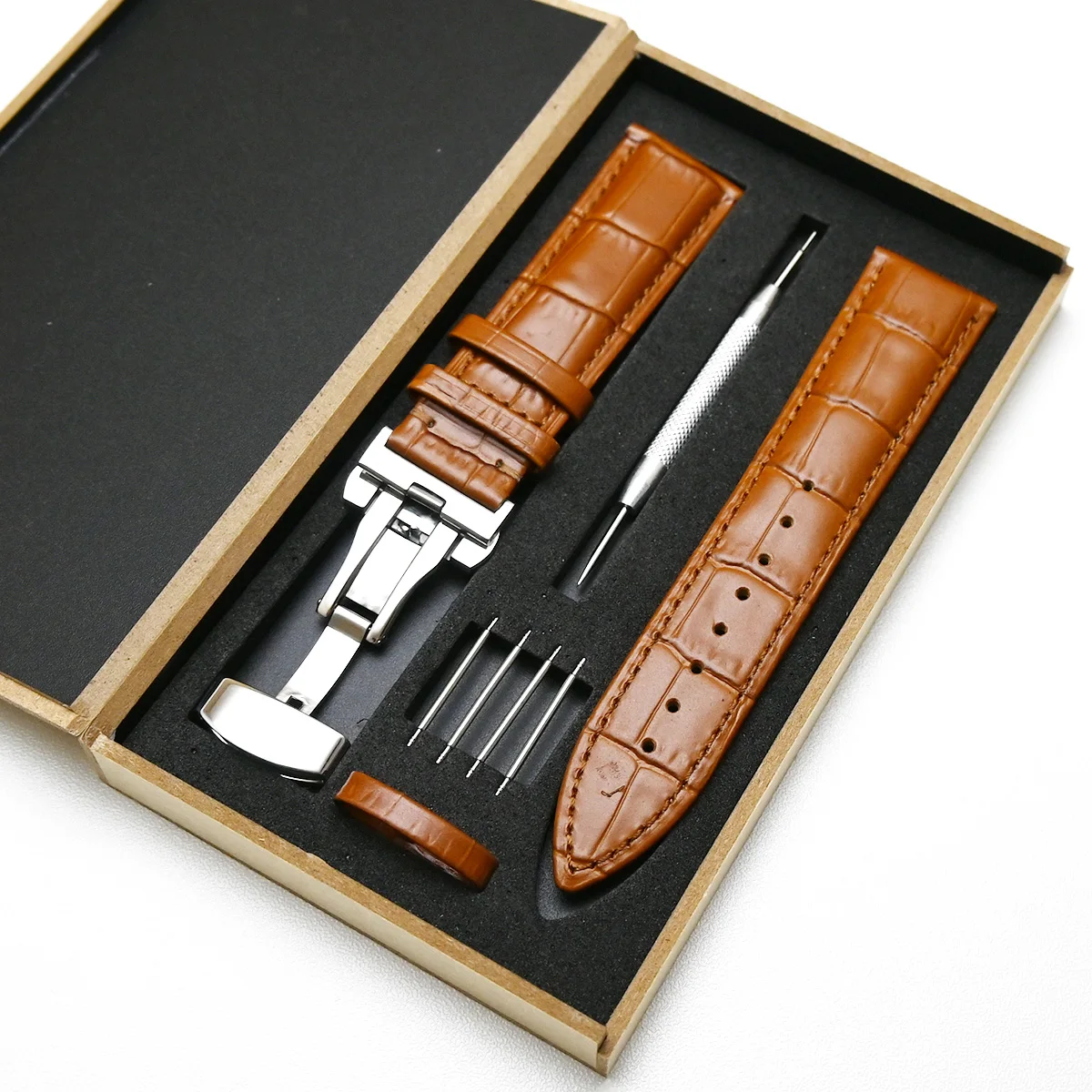 Ремешок для часов из натуральной кожи браслет с застежкой бабочкой наручных 12 мм