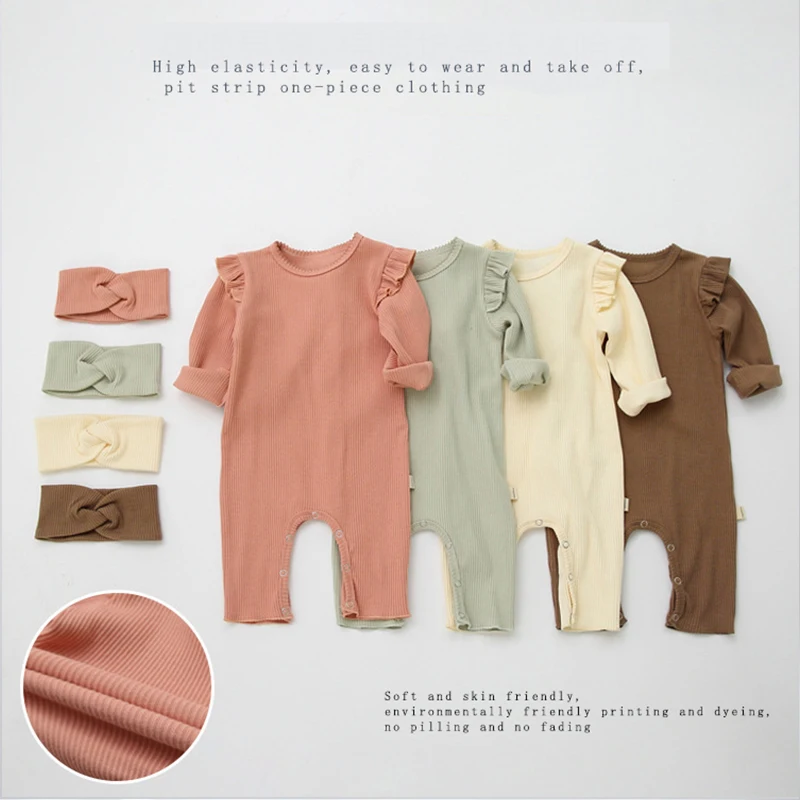 

New Baby Clothes Cotton Toddler Crawling Clothes Ruffle Comfortable One Piece Clothes Baby Home Clothes and Hair Belt Set