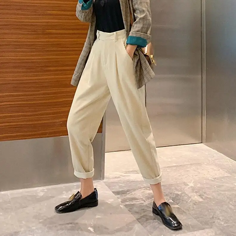 apricot Winter Corduroy Pants Women Autumn High Waist Pockets Trousers Women Plus Size Streetwear Harem Pants Pantalon Femme - Цвет: apricot