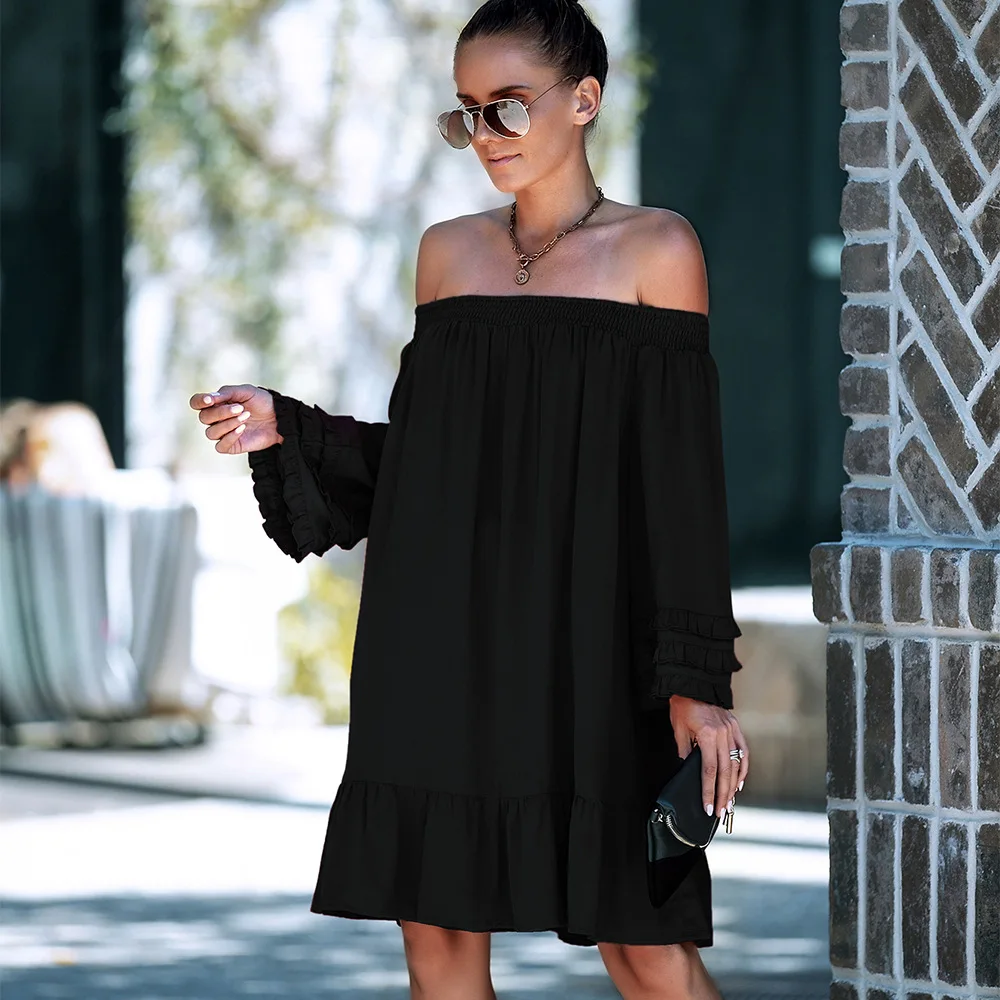 

New Dresses Autumn Winter 2021 Off Shoulder Sexy Woman Clothes Loose Fashion Ruffle Long Sleeve Solid Casual Women Dress Holiday