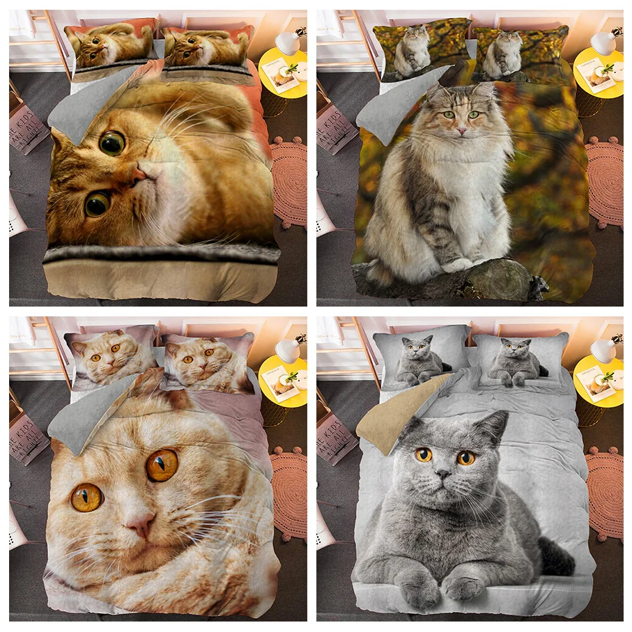 Комплект постельного белья с милым 3d-котом пододеяльник животными кровать King Queen