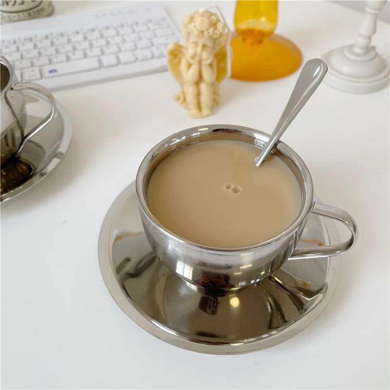 

Stainless Steel Coffee Cup And Saucer Set Travel Modern Eco Friendly Drinkware Cute Cup Tazas Originales Reusable Mugs BD50CS