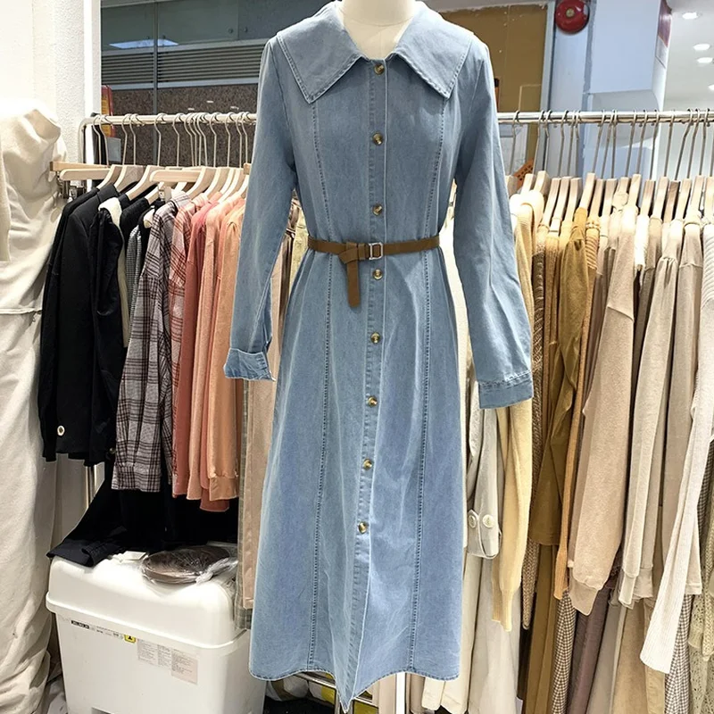 

Elegant Slim Waist Long Sleeve Denim Dress with Sashes Spring Solid Peter Pan Collar Femme Robe 2021 New Mid-Calf Vestido