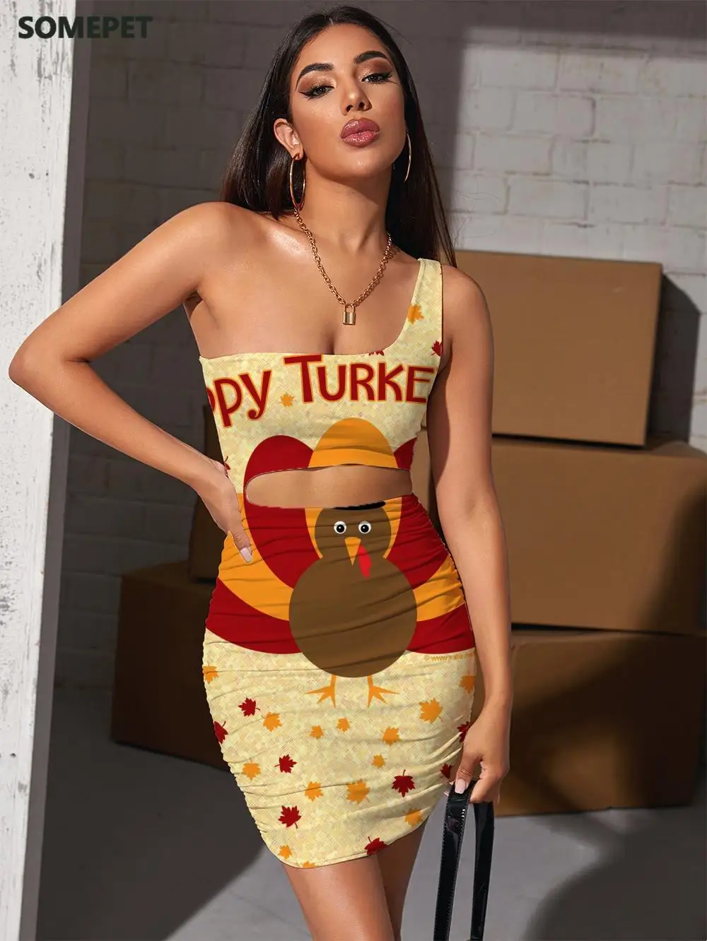 

SOMEPET Thanksgiving Dresses Women Animal Pleating Hip Hop Bodycon Dress Maple Leaf 3d Print Womens Clothing Mini Evening Short