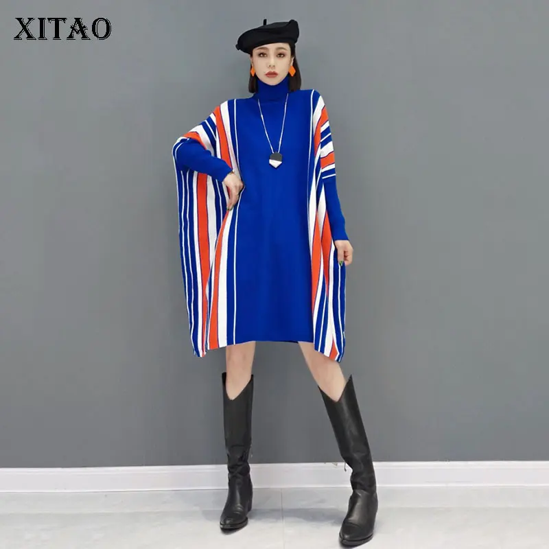 

XITAO Vintage Knitted Dress Fashion New Women Striped Goddess Fan Pullover 2021 Autumn Minority Elegant Style Dress WMD3293