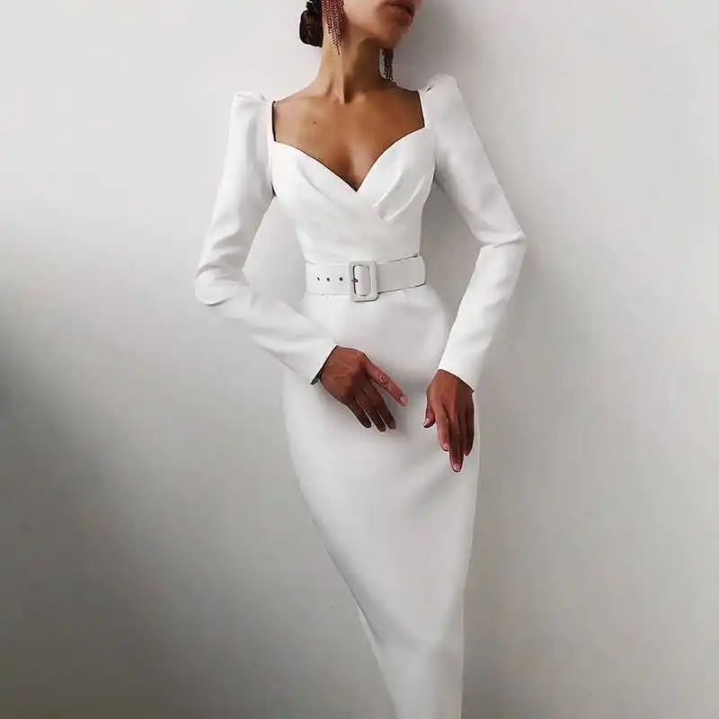 

Bubble sleeve V-neck waist dress female fashion celebrity style temperament sexy slim dress belt
