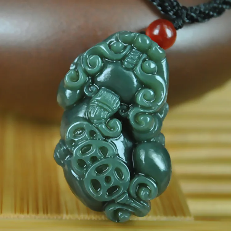 Натуральный зеленый нефрит счастливая подвеска Pixiu Ожерелье Мужчины Женщины