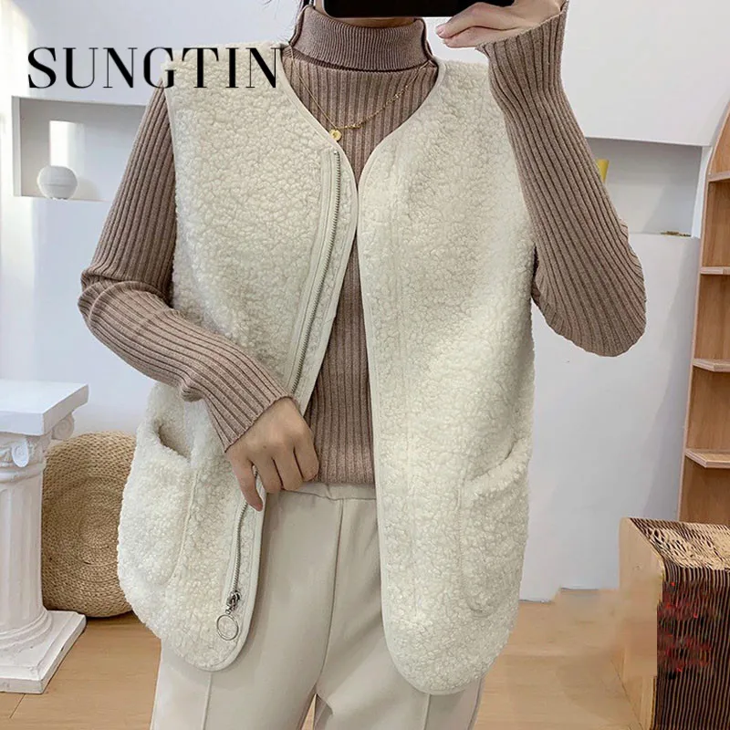 Sungtin Модный женский жилет из овечьей шерсти Осень-зима свободная теплая куртка