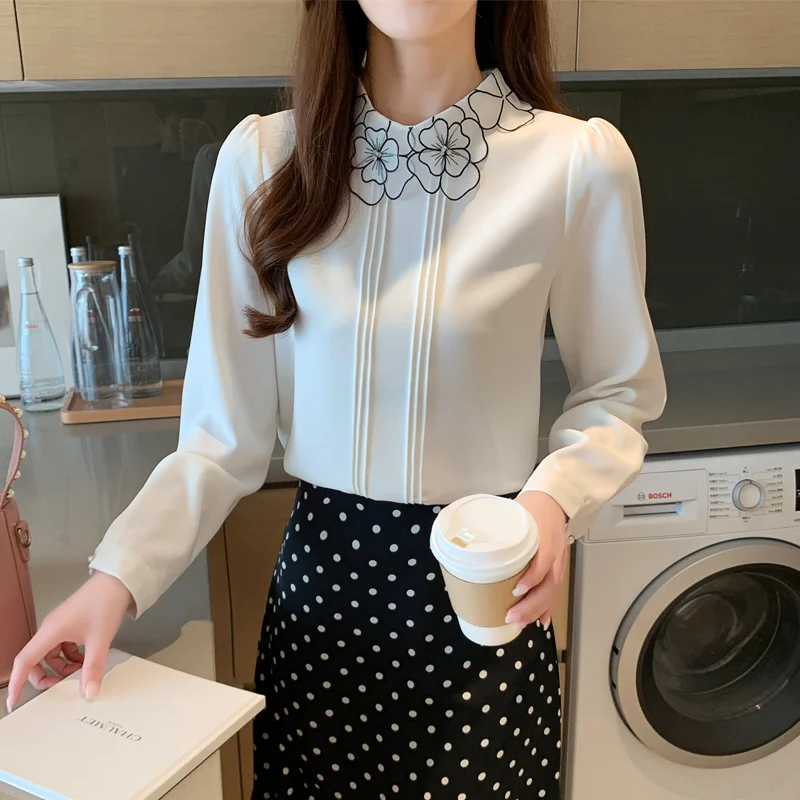 Женская шифоновая блузка с цветочной вышивкой в Корейском стиле | одежда