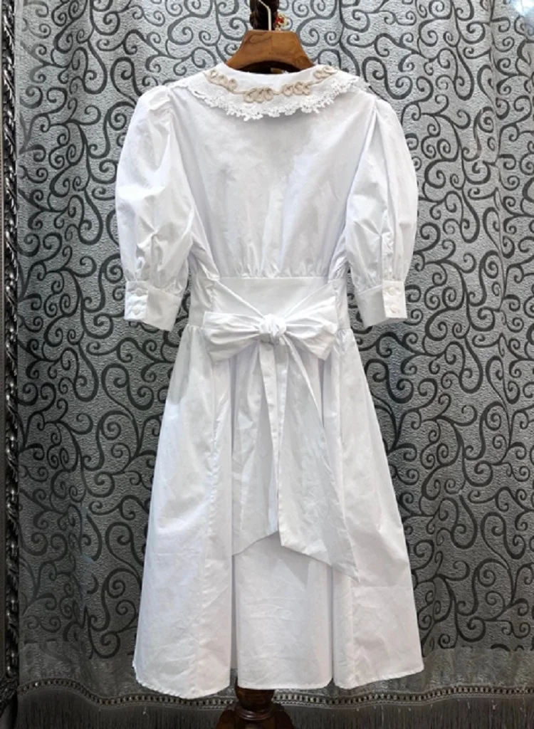 

Женское Хлопковое платье с отложным воротником, повседневное белое, коричневое или зеленое платье с рукавом до локтя и вышивкой люрексом, р...