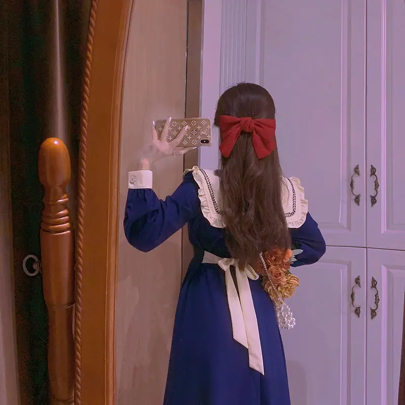 

Kawaii Midi Dress Women Sailor Collar Long Sleeve French Elegant Vintage Party Dress Female One Piece Dress Korean 2021 Spring