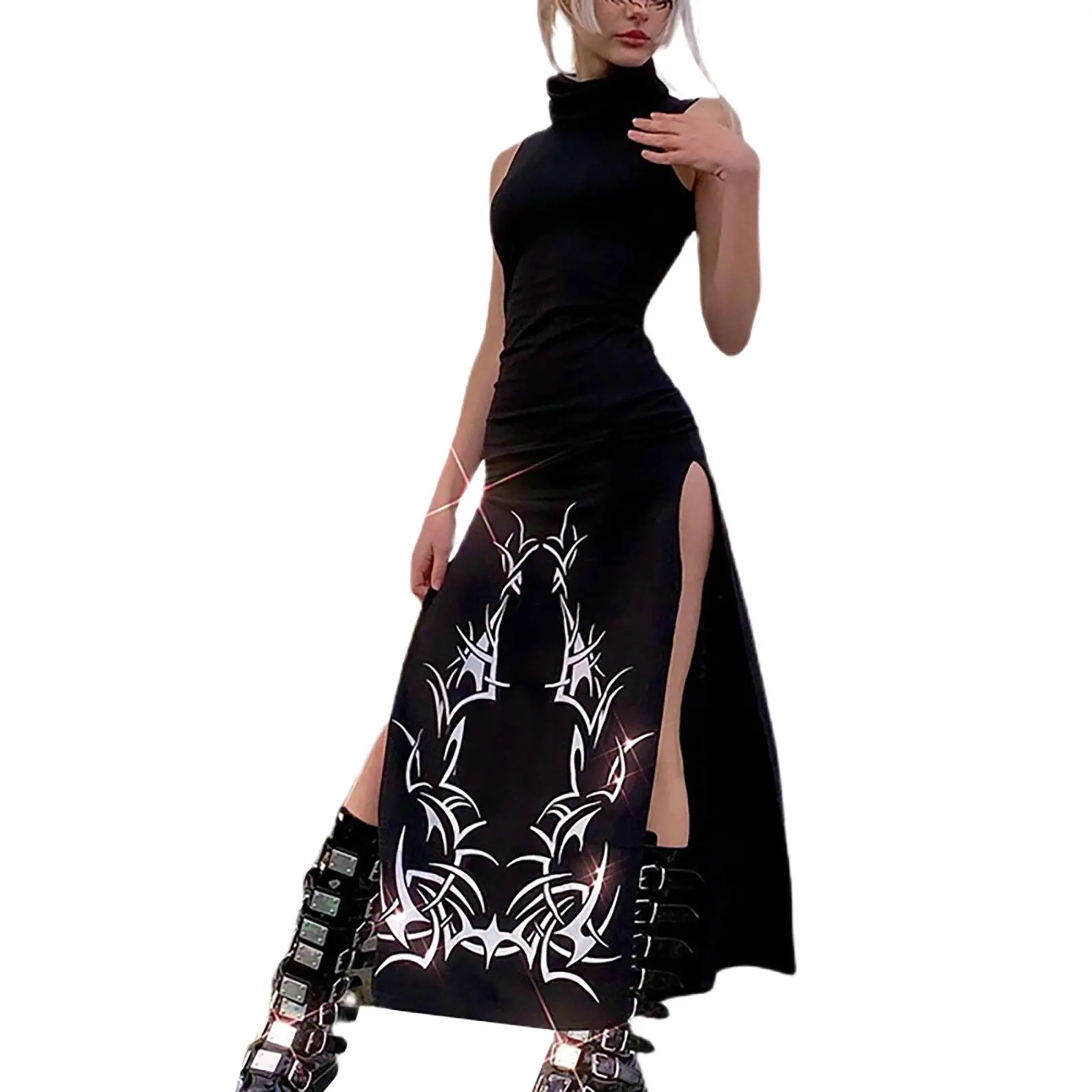 Goth Skull Print Graphic Off The Shoulder Split Side Y2k Maxi Dress Women Short Sleeve Bodycon Plus Size Dresses Ladies